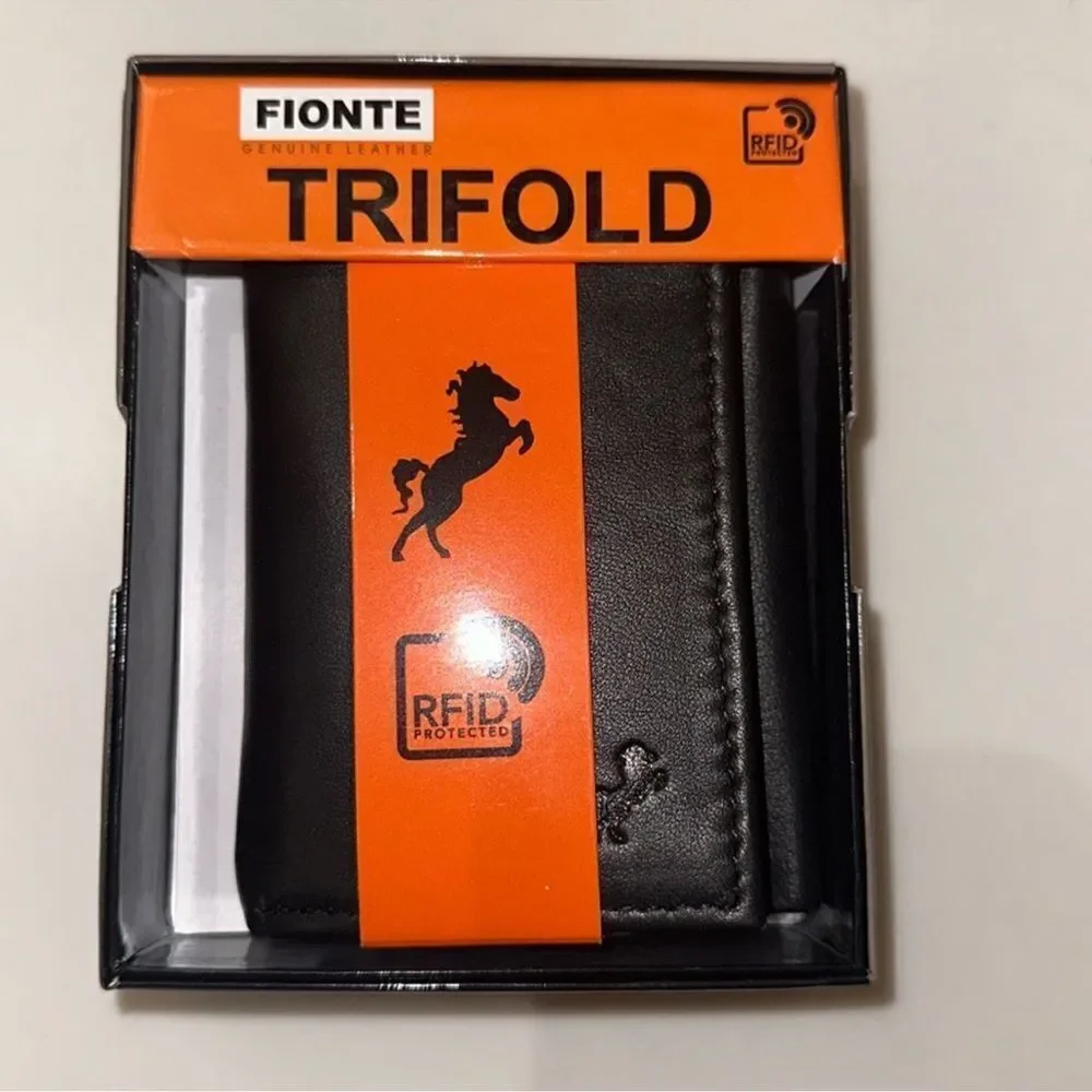 FIONTE RFID Protected Black Genuine Leather Trifold Men’s Wallet